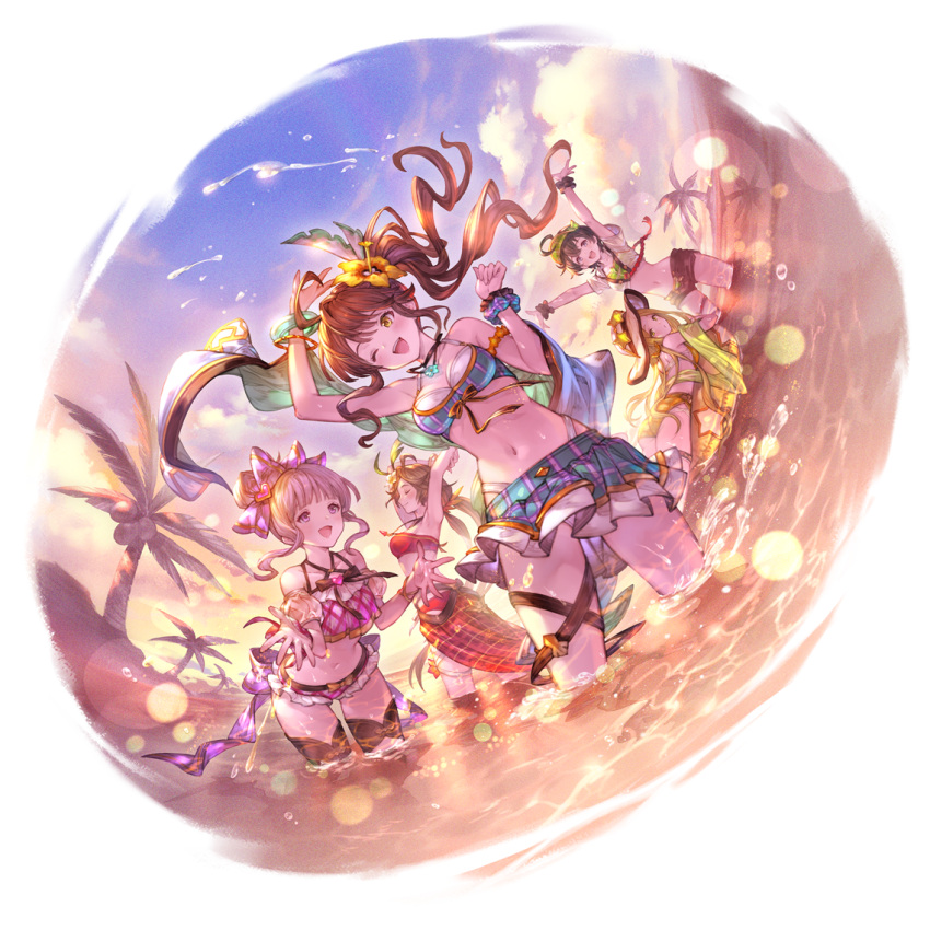 5girls bikini bikini_skirt black_hair blonde_hair bracelet breasts brown_hair canna_(granblue_fantasy) diantha_(granblue_fantasy) diola_(granblue_fantasy) flower granblue_fantasy hair_flower hair_ornament harie_(granblue_fantasy) jewelry linaria_(granblue_fantasy) minaba_hideo multiple_girls official_art open_mouth palm_tree purple_hair ribbon side_ponytail splashing swimsuit transparent_background tree water wrist_cuffs