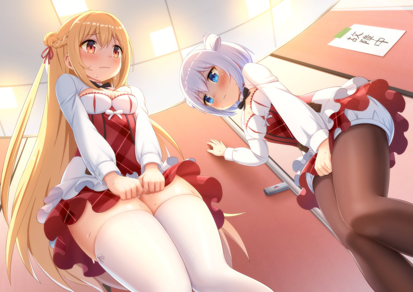 2girls angel_elise angel_melida aqua_eyes assassins_pride blonde_hair bloomers blush cedar_(artist) dress long_hair pantyhose thighhighs white_hair