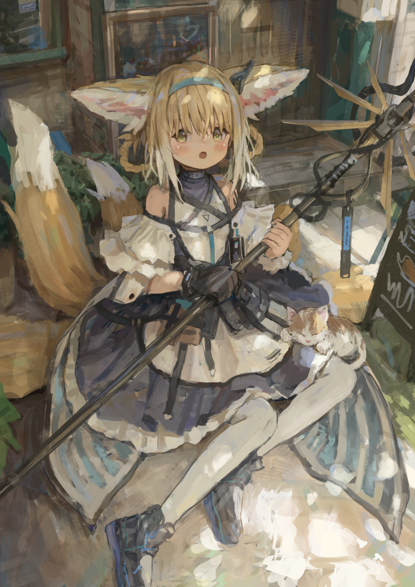 :o absurdres animal_ears arknights bare_shoulders black_footwear black_gloves blonde_hair blue_dress blush braid building dress earpiece feline female fox_ears fox_tail gloves green_eyes highres holding holding_staff infection_monitor_(arknights) kitsune looking_at_viewer material_growth multicolored_hair multiple_tails open_mouth oripathy_lesion_(arknights) pantyhose shion_(mirudakemann) short_hair sign single_glove sitting solo staff streaked_hair suzuran_(arknights) tail white_hair white_pantyhose