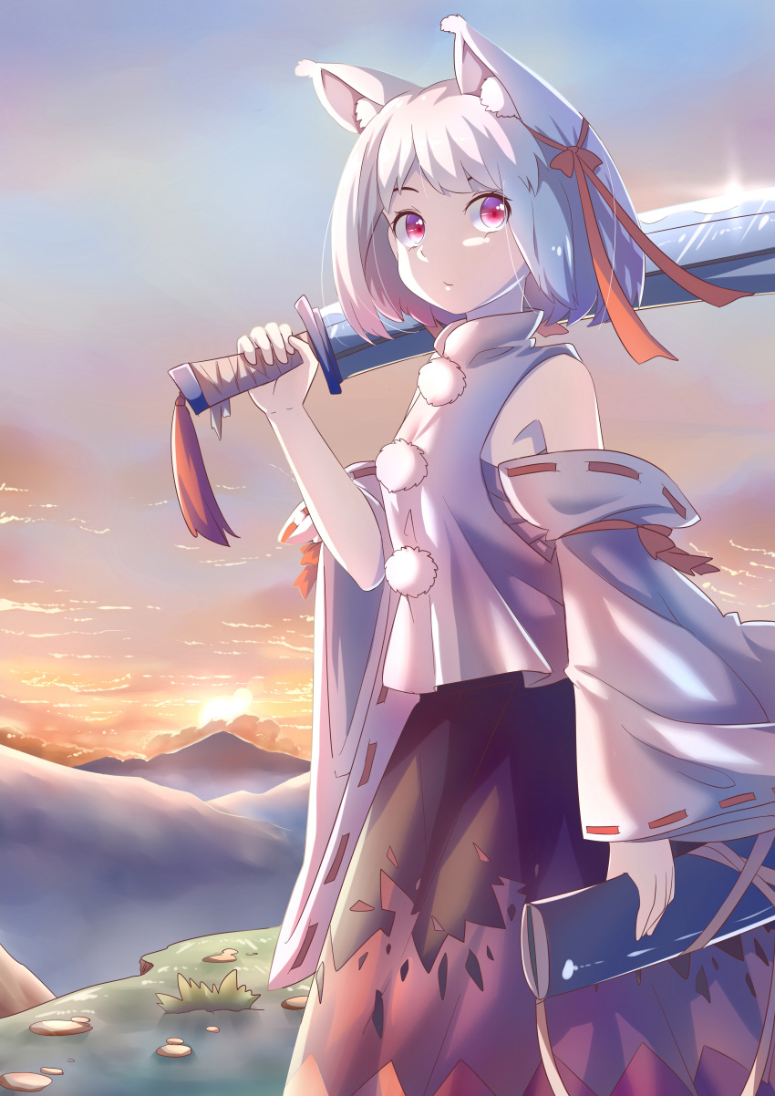 absurdres animal_ear_fluff animal_ears bare_shoulders black_skirt breasts closed_mouth cloud cloudy_sky commentary_request detached_sleeves eyebrows_hidden_by_hair feet_out_of_frame female glint hair_ribbon highres holding holding_sword holding_weapon inubashiri_momiji jiege long_skirt looking_afar looking_to_the_side mountainous_horizon no_headwear pom_pom_(clothes) red_eyes red_ribbon red_skirt ribbon ribbon-trimmed_sleeves ribbon_trim sarashi shirt short_hair shoulder_rest skirt sky sleeveless sleeveless_shirt small_breasts solo standing sun sword touhou turtleneck twilight two-tone_skirt weapon white_hair white_shirt wide_sleeves wolf_ears