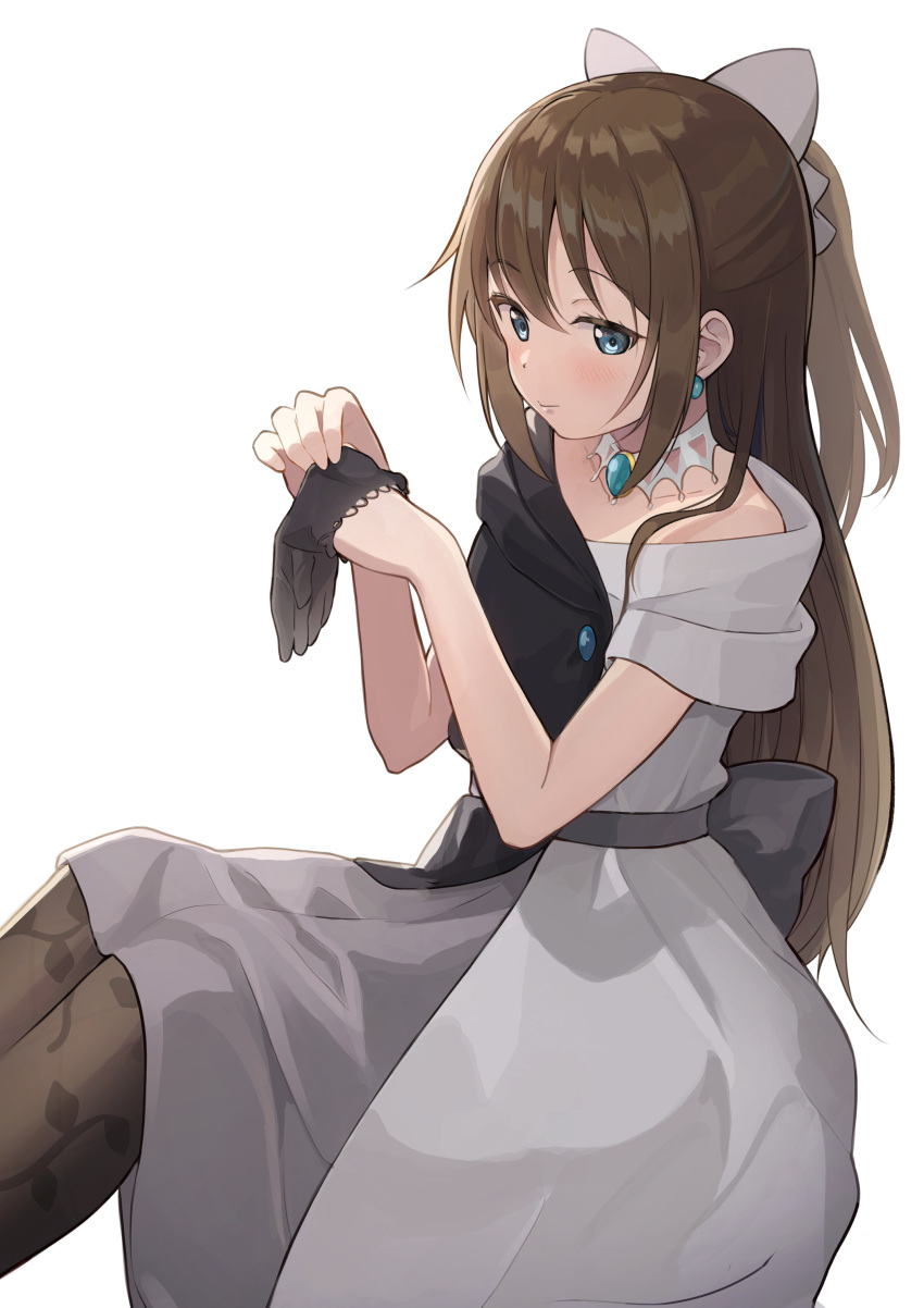 absurdres back_bow bare_shoulders black_dress black_gloves black_pantyhose blue_eyes blush bow brooch brown_hair closed_mouth dress drop_earrings earrings evening_gown female gloves hair_between_eyes hairbow half_updo highres jewelry long_hair looking_at_viewer love_live! love_live!_nijigasaki_high_school_idol_club neck_ring off-shoulder_dress off_shoulder osaka_shizuku pantyhose ponytail putting_on_gloves short_dress sidelocks simple_background sitting smile solitude_rain_(love_live!) solo tata_(tataice) two-tone_dress unworn_gloves white_background white_dress