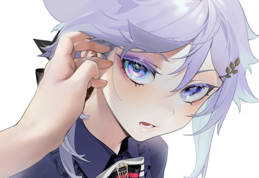 artificial_eye bad_id bad_twitter_id black_ribbon blue_eyes close-up collared_shirt colored_eyelashes commentary_request eyelashes eyeshadow female hair_between_eyes hair_ornament hair_ribbon head_tilt highres lens_eye long_hair looking_at_viewer makeup ohisashiburi original out_of_frame parted_lips pov pov_hands purple_hair purple_hair_girl_(ohisashiburi) purple_shirt ribbon shirt sidelocks simple_background solo_focus symbol-shaped_pupils tsurime white_background