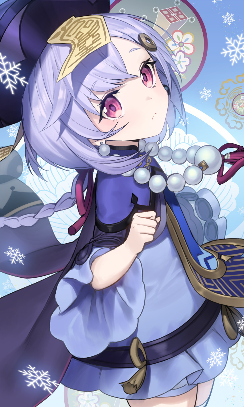 absurdres bead_necklace beads blush braid braided_ponytail commentary cowboy_shot dress female genshin_impact hat highres jewelry jiangshi long_sleeves looking_at_viewer mamima necklace purple_eyes purple_hair qiqi_(genshin_impact) solo thighhighs