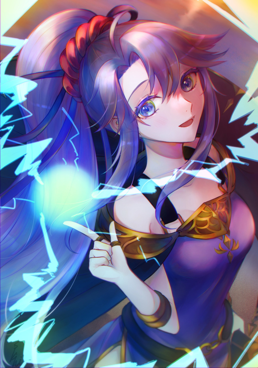 absurdres blue_eyes breasts cape dress electricity female fire_emblem fire_emblem:_genealogy_of_the_holy_war floating_hair hair_behind_ear highres hikashi10_nsk jewelry long_hair looking_at_viewer medium_breasts open_mouth pointing ponytail purple_dress purple_hair ring smile solo tailtiu_(fire_emblem)