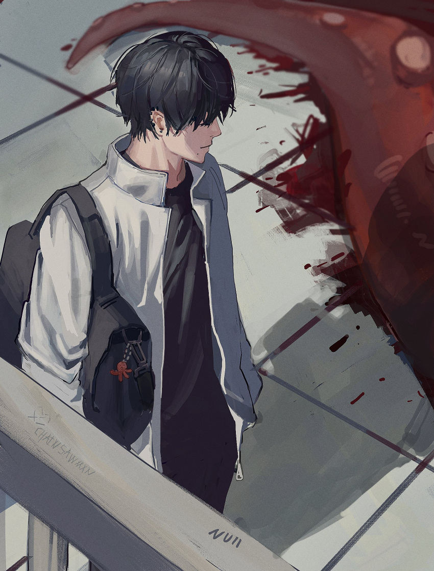 1boy artist_name bag black_hair black_shirt blood blood_splatter chainsaw_man charm_(object) closed_mouth copyright_name cowboy_shot ear_piercing hair_over_eyes highres jacket korean_commentary long_sleeves male_focus mole mole_under_mouth null_(skev7724) octopus_devil_(chainsaw_man) piercing shirt short_hair solo standing tentacle white_jacket yoshida_hirofumi