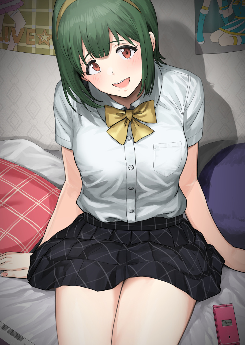 arm_support black_skirt bow bowtie breasts bromide cellphone female green_hair hairband highres idolmaster idolmaster_(classic) indoors looking_at_viewer medium_breasts mole mole_under_mouth otonashi_kotori phone plaid plaid_skirt pleated_skirt round_teeth school_uniform shirt shirt_tucked_in skirt smile solo teeth tsurui white_shirt yellow_bow yellow_bowtie yellow_hairband