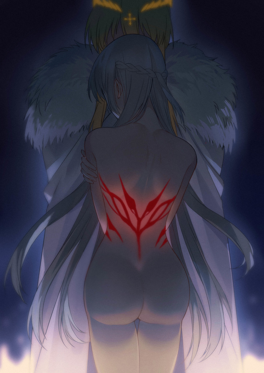 2girls absurdres artoria_pendragon_(fate) artoria_pendragon_(lancer)_(fate) ass back back_tattoo bad_id bad_twitter_id blonde_hair blue_leotard coat commentary crown fate/apocrypha fate/grand_order fate_(series) glowing grey_hair highres incest leotard long_hair morgan_le_fay_(fate) multiple_girls nude siblings sisters symbol-only_commentary tattoo winter_clothes winter_coat yorukun yuri