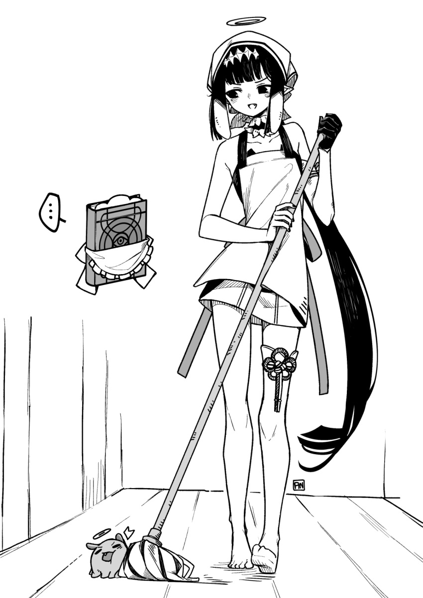 ... a:n_(angrynum) adapted_costume ao-chan_(ninomae_ina'nis) apron barefoot blunt_bangs book broom cleaning collarbone commentary detached_sleeves dress female floating floating_book floating_object gloves greyscale halo highres holding holding_broom hololive hololive_english long_hair maid_apron monochrome ninomae_ina'nis ninomae_ina'nis_(1st_costume) oerba_yun_fang open_mouth pointy_ears ponytail sidelocks single_detached_sleeve single_glove single_thighhigh smile soles spoken_ellipsis strapless strapless_dress symbol-only_commentary takodachi_(ninomae_ina'nis) tentacle_hair thighhighs tube_dress very_long_hair virtual_youtuber