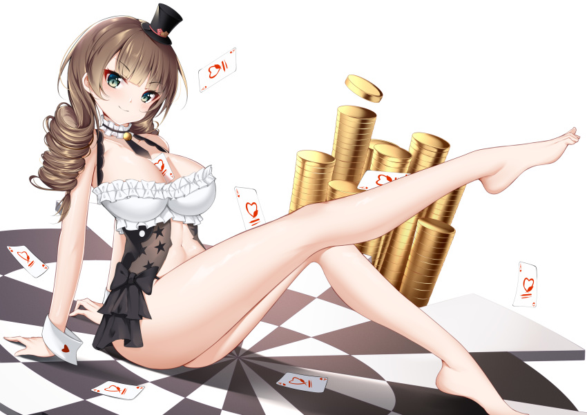 absurdres ass azur_lane bad_id bad_pixiv_id barefoot between_breasts breasts brown_hair bustier card card_between_breasts catnnn choker coin commentary dartboard dead_or_alive dead_or_alive_xtreme drill_hair female frilled_choker frills green_eyes hat highres large_breasts looking_at_viewer mini_hat monica_(doa) monica_(the_ace_of_hearts)_(doa) outstretched_leg simple_background sitting twin_drills white_background wrist_cuffs