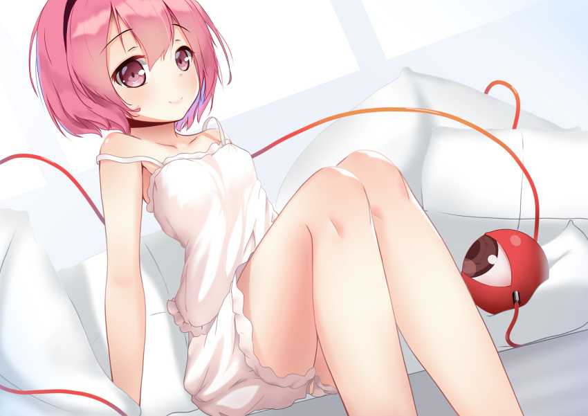 absurdres arm_support bare_shoulders black_hairband bloomers blush breasts collarbone commentary_request dress dutch_angle eyeball feet_out_of_frame female hair_between_eyes hairband highres indoors ke-ta_(style) komeiji_satori mantou_xiang pink_eyes pink_hair short_hair sitting small_breasts smile solo strap_slip third_eye touhou underwear white_dress