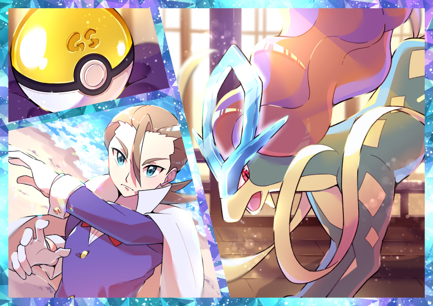 1boy absurdres blue_eyes brown_hair buttons cape closed_mouth collared_shirt commentary_request eusine_(pokemon) gloves gs_ball hair_between_eyes highres jacket light_frown long_sleeves male_focus poke_ball pokemon pokemon_(creature) pokemon_gsc pon_yui purple_jacket sand shirt shore suicune water white_cape white_gloves white_shirt