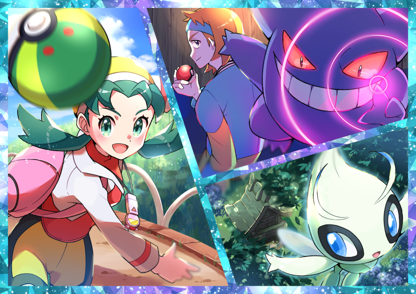 1boy absurdres blue_headband blush celebi cloud commentary_request cropped_jacket day eyelashes female friend_ball gengar green_eyes green_hair headband highres holding holding_poke_ball ilex_forest jacket kris_(pokemon) long_hair long_sleeves morty_(pokemon) open_mouth outdoors parted_bangs pink_bag poke_ball poke_ball_(basic) pokemon pokemon_(creature) pokemon_gsc pon_yui sky throwing tongue twintails white_jacket