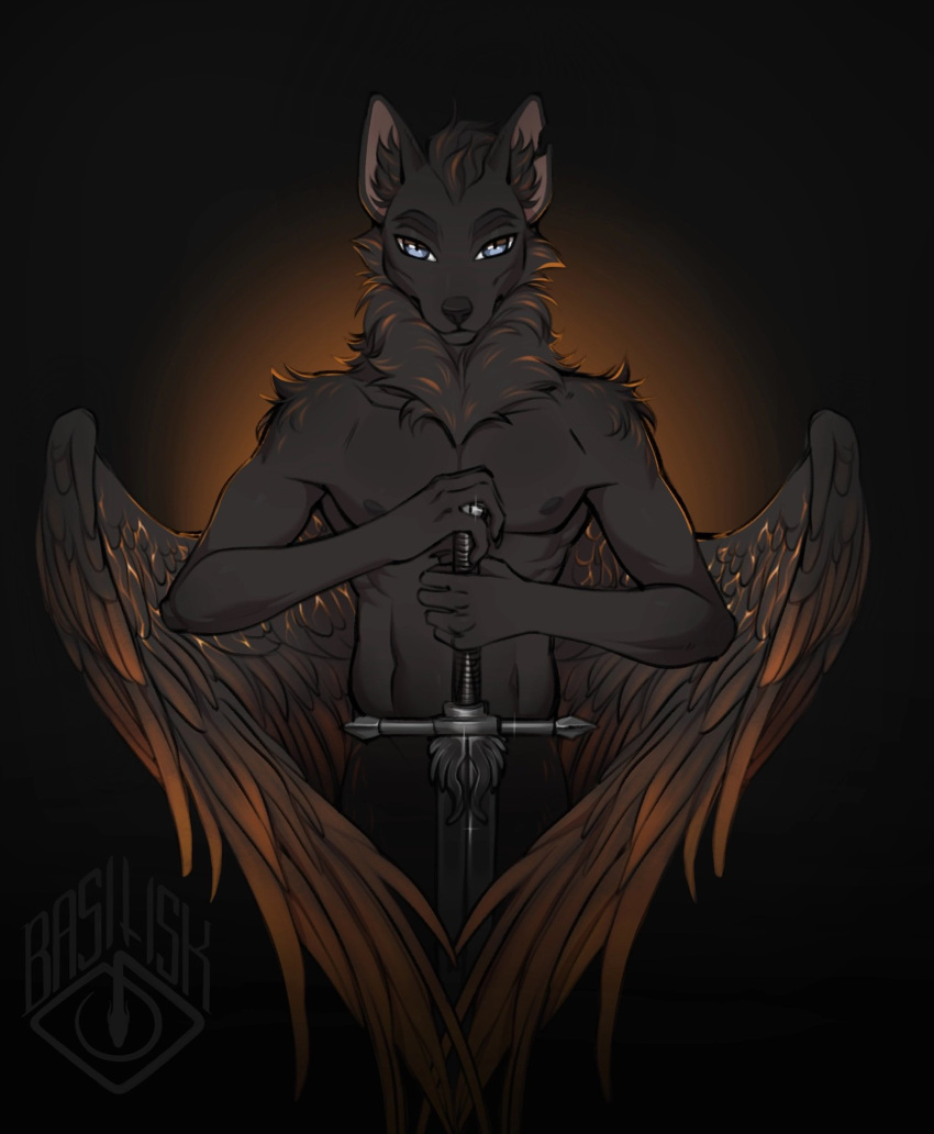 2022 5_fingers anthro basilllisk black_body black_fur black_hair black_nose blue_eyes digital_media_(artwork) feathered_wings feathers fingers fur hair hi_res holding_melee_weapon holding_object holding_sword holding_weapon hybrid looking_at_viewer male melee_weapon smile solo sword weapon wings