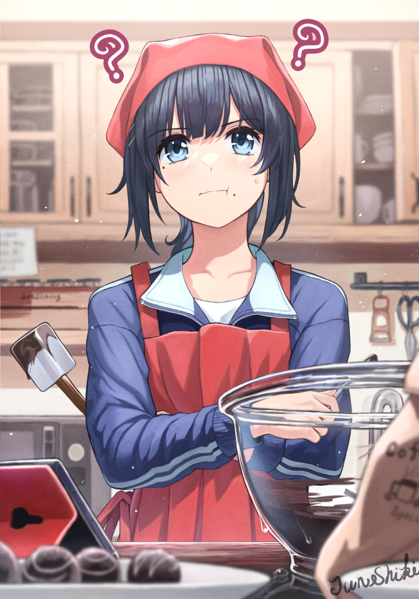 ? apron black_hair blue_eyes bowl chocolate chocolate_making crossed_arms female glass_bowl head_scarf highres jacket junshiki kitchen medium_hair mixing_bowl mole mole_under_eye original red_apron red_headwear shirt solo spatula spoon sweatdrop tablet_pc tasting track_jacket track_suit twitter_username valentine white_shirt