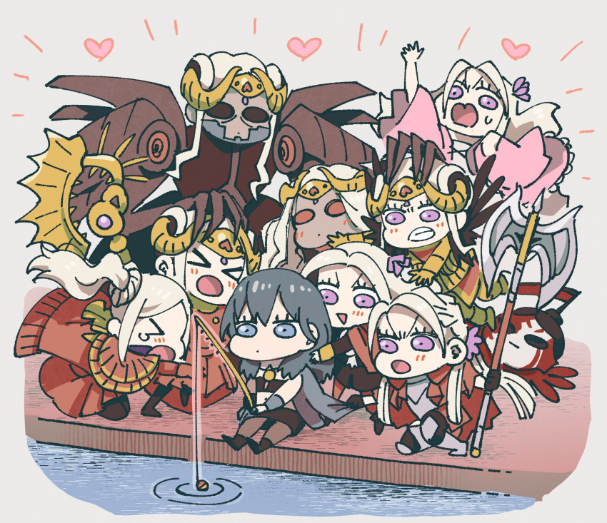 >_< 6+girls absurdres armor armored_dress axe aymr_(fire_emblem) blush byleth_(female)_(fire_emblem) byleth_(fire_emblem) chibi double_bun edelgard_von_hresvelg edelgard_von_hresvelg_(hegemon_husk) fake_horns fire_emblem fire_emblem:_three_houses fire_emblem_heroes fire_emblem_warriors:_three_hopes fishing fishing_rod flame_emperor garreg_mach_monastery_uniform hair_bun highres horned_headwear horns korokoro_daigorou mask multiple_girls multiple_persona official_alternate_costume purple_eyes side_ponytail tiara too_many triangle_mouth water weapon