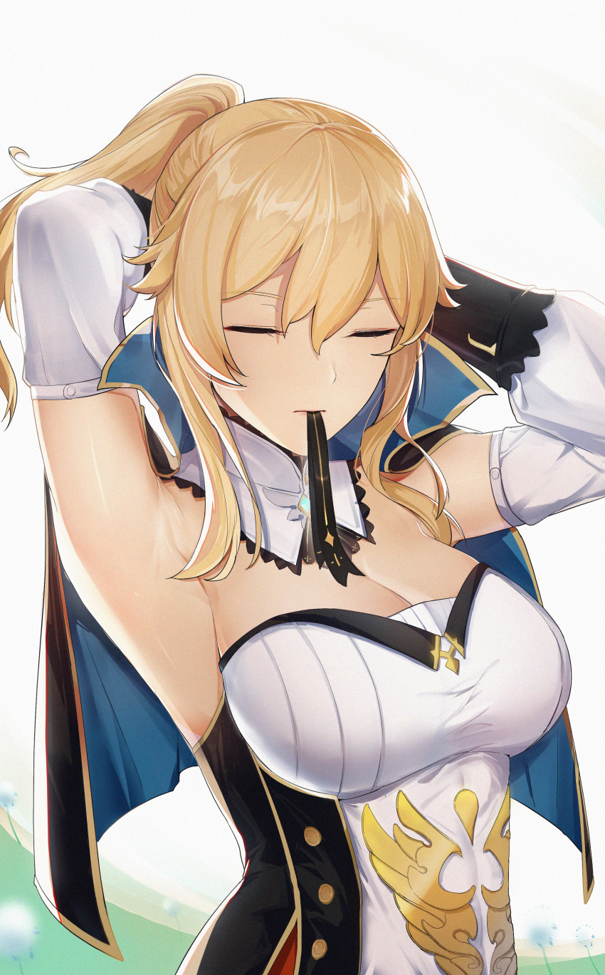 7t absurdres adjusting_hair armpits arms_up blonde_hair breasts capelet cleavage closed_eyes corset detached_sleeves female genshin_impact gloves hair_ribbon hair_tie_in_mouth highres jean_(genshin_impact) large_breasts long_sleeves mouth_hold ponytail ribbon solo strapless tying_hair