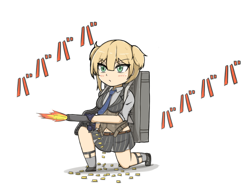 ammunition_belt ammunition_box backpack bag bolt_action corset eyes_visible_through_hair female firing girls'_frontline green_eyes gun handgun highres holding holding_gun holding_weapon necktie omurainu on_one_knee shell_casing solo sound_effects weapon welrod welrod_mkii_(girls'_frontline)