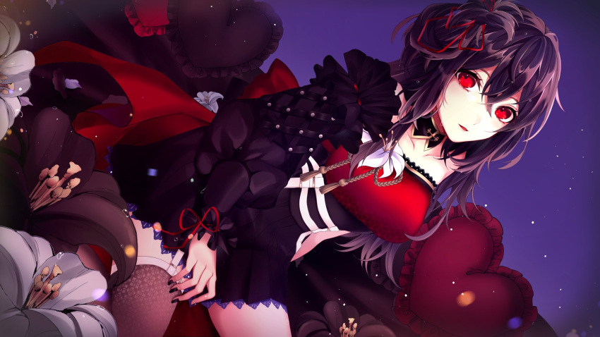 bad_id bad_twitter_id black_flower black_hair black_nails black_skirt breasts collarbone detached_collar detached_sleeves female flower hair_between_eyes high-waist_skirt highres indie_virtual_youtuber kisaragi_(kisaragi0530) kurosaki_yuria looking_to_the_side medium_breasts open_mouth red_eyes second-party_source single_detached_sleeve single_thighhigh skirt solo thighhighs virtual_youtuber white_flower