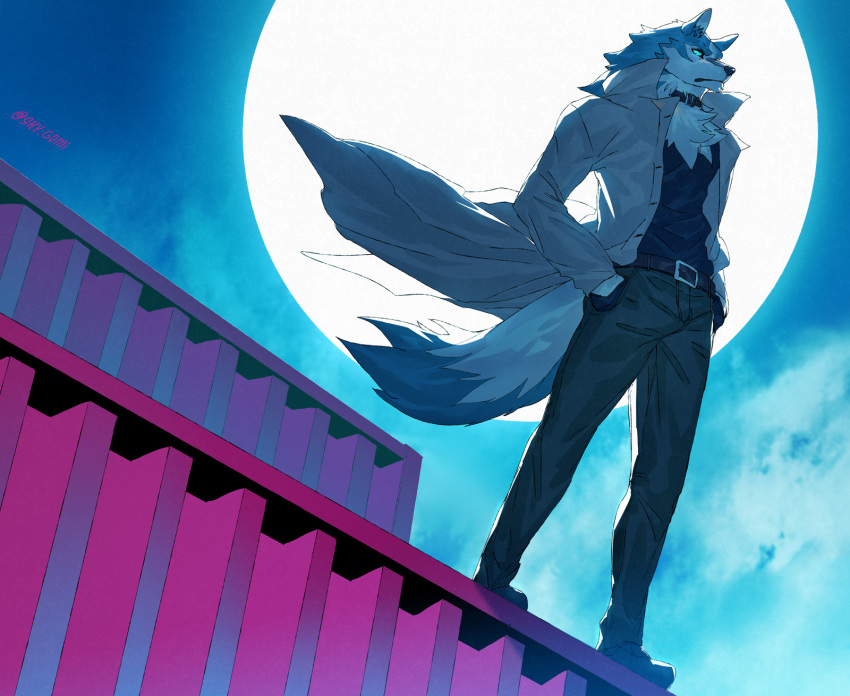 anthro belt biped bottomwear brand_new_animal canid canine canis clothed clothing countershade_face countershade_fur countershading fully_clothed fur hands_in_both_pockets hi_res male mammal moon night pants shirou_ogami sky_gomi solo studio_trigger tail wolf