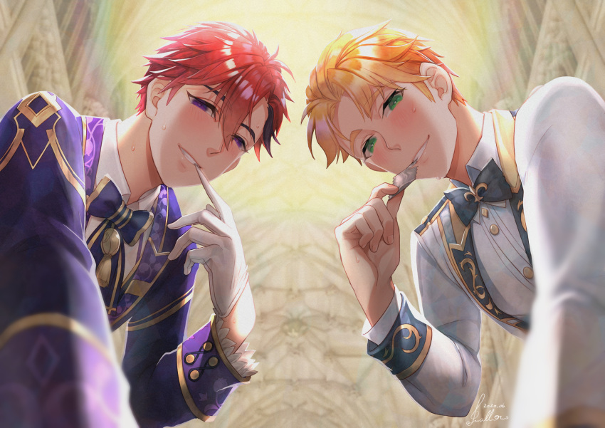 2boys biting blush bow bowtie condom condom_in_mouth glove_biting gloves green_eyes heart heart-shaped_pupils highres jacket kibera_(king's_raid) king's_raid looking_at_viewer male_focus mouth_hold multiple_boys necktie orange_hair purple_eyes purple_jacket red_hair roi_(king's_raid) seductive_smile short_hair smile swallow165 symbol-shaped_pupils teeth upper_body white_gloves white_jacket