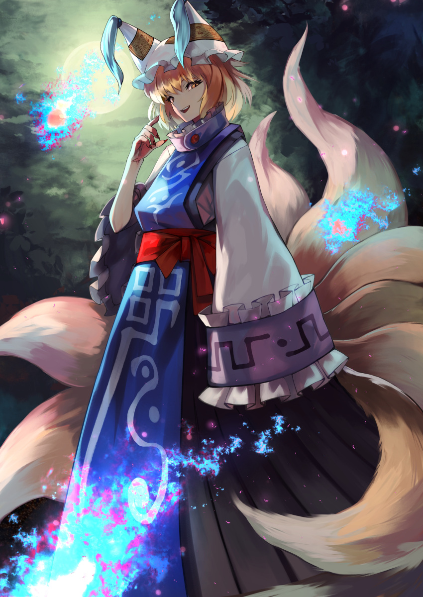 absurdres animal_ears animal_hat blonde_hair breasts dress female forest fox fox_ears fox_tail frills hat highres hitodama long_sleeves mob_cap multiple_tails nature short_hair smile solo tabard tail tassel teo_(telo_ruka) touhou white_dress yakumo_ran yellow_eyes