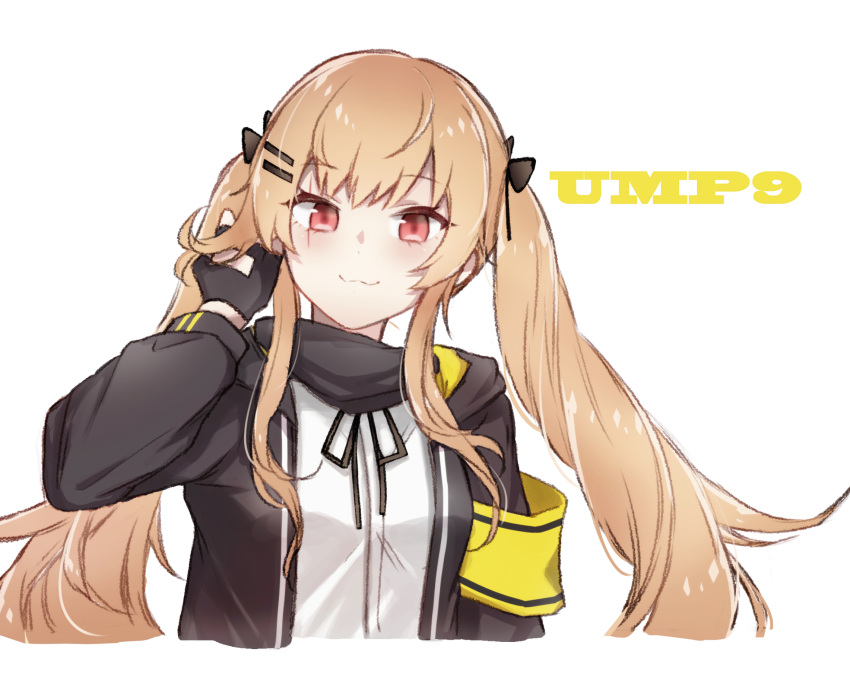 :3 adjusting_hair armband black_gloves black_jacket blonde_hair closed_mouth female fingerless_gloves girls'_frontline gloves hair_between_eyes hair_ornament hair_ribbon hairpin highres jacket long_hair looking_at_viewer red_eyes ribbon rico_tta scar scar_across_eye scar_on_face simple_background solo twintails ump9_(girls'_frontline) upper_body white_background yellow_armband