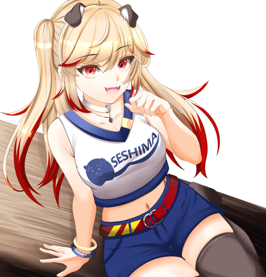 absurdres akai_watame animal_ears bangle blonde_hair blue_shorts bracelet breasts character_name cheerleader choker clothes_writing commentary dog_ears dog_girl fangs female floppy_ears foot_out_of_frame grey_thighhighs hair_between_eyes hair_ornament highres jewelry long_hair looking_at_viewer medium_bangs medium_breasts midriff nanashi_inc. navel o-ring o-ring_choker open_mouth red_eyes red_hair seshima_rui shorts smile solo thighhighs two_side_up virtual_youtuber white_background white_choker x_hair_ornament