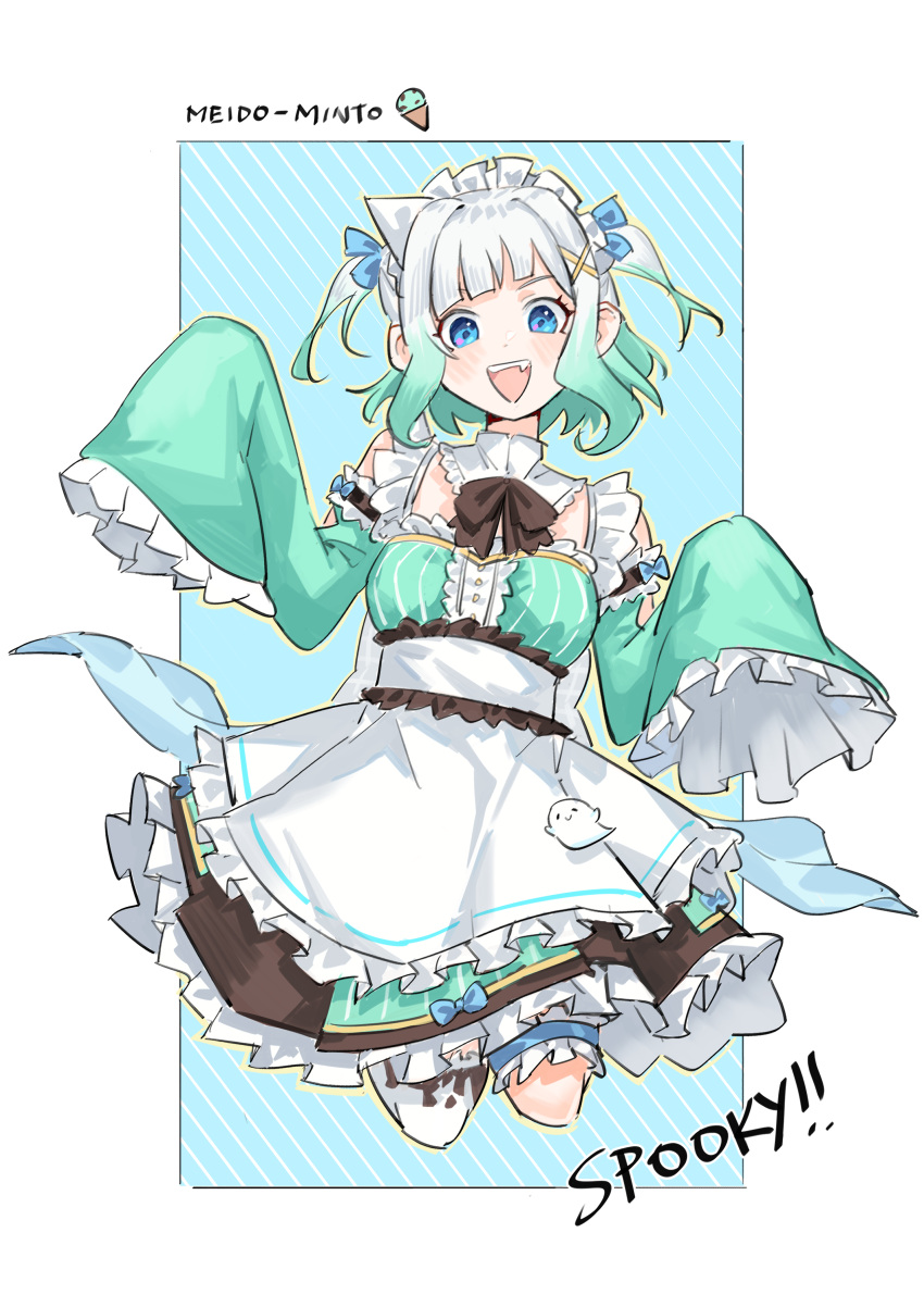 absurdres blue_eyes bow dress female frills ghost gradient_hair green_dress green_hair highres indie_virtual_youtuber maid_headdress maplesights mint_fantome multicolored_hair sleeves_past_wrists solo triangular_headpiece two_side_up virtual_youtuber white_hair