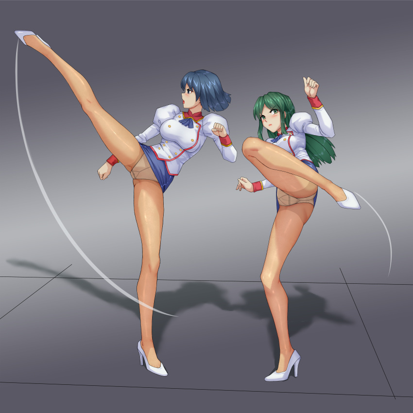 2girls absurdres adjutant_(agent_aika) agent_aika aika_(series) ascot ass black_ascot black_skirt blue_hair blush breasts brown_eyes buttons cameltoe closed_mouth commentary_request commission couple crotch_seam delmo_commander delmogeny_uniform full_body green_hair haimei1980 high_heels high_kick highres indoors jacket juliet_sleeves kicking large_breasts lipstick long_hair long_sleeves makeup microskirt military_uniform multiple_girls open_mouth panties panties_under_pantyhose pantyhose pixiv_commission profile puffy_sleeves short_hair skirt standing standing_on_one_leg thighs tile_floor tiles underwear uniform white_delmo white_footwear white_jacket white_panties