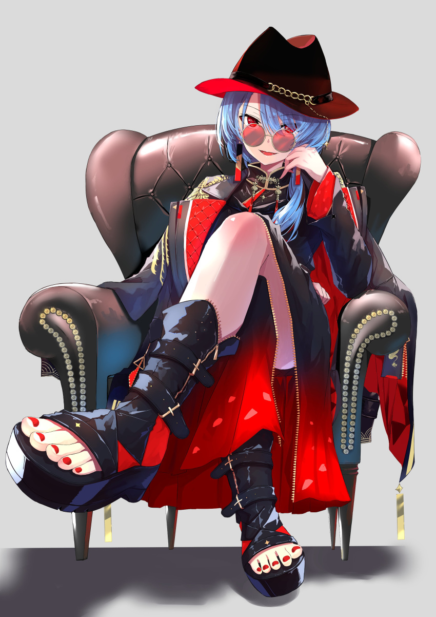 absurdres belt blue_eyes blue_hair coat coat_on_shoulders earrings fedora feet female hair_between_eyes hat hat_chain highres hololive hoshimachi_suisei hoshimachi_suisei_(oriental_suit) jewelry long_hair long_sleeves looking_at_viewer nail_polish nanakusa_ayame neck_tassel official_alternate_costume official_alternate_eye_color official_alternate_hair_length official_alternate_hairstyle print_coat red-tinted_eyewear round_eyewear simple_background skirt solo star_(symbol) star_in_eye sunglasses symbol_in_eye tassel tassel_earrings tinted_eyewear toeless_footwear toenail_polish toenails toes virtual_youtuber wolf_cut zipper_skirt