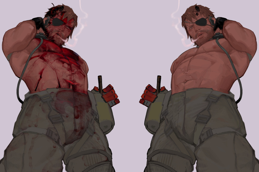 1boy abs bara beard belt big_boss blood_on_pectorals bouseded brown_hair cargo_pants cowboy_shot eyepatch facial_hair framed_crotch from_below full_beard highres large_pectorals looking_at_viewer male_focus mature_male metal_gear_(series) metal_gear_solid muscular muscular_male navel nipples pants pectorals smoke standing stomach thick_beard topless_male