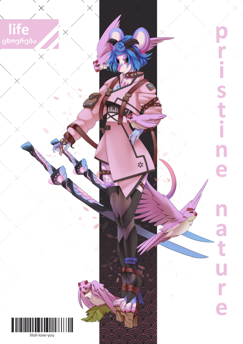 absurd_res anthro asian_clothing avian bird blue_hair boots cherry cherry_blossom clothing collar cover east_asian_clothing female flower food footwear fruit future hair hi_res hoodie horn jacket japanese_clothing katana legwear liloli_(artist) magazine magic mammal melee_weapon mouse murid murine nature pink_eyes plant prunus_(flower) ribbons rodent samurai shoes solo spiked_collar spikes stockings sword tape tight_clothing topwear warrior weapon