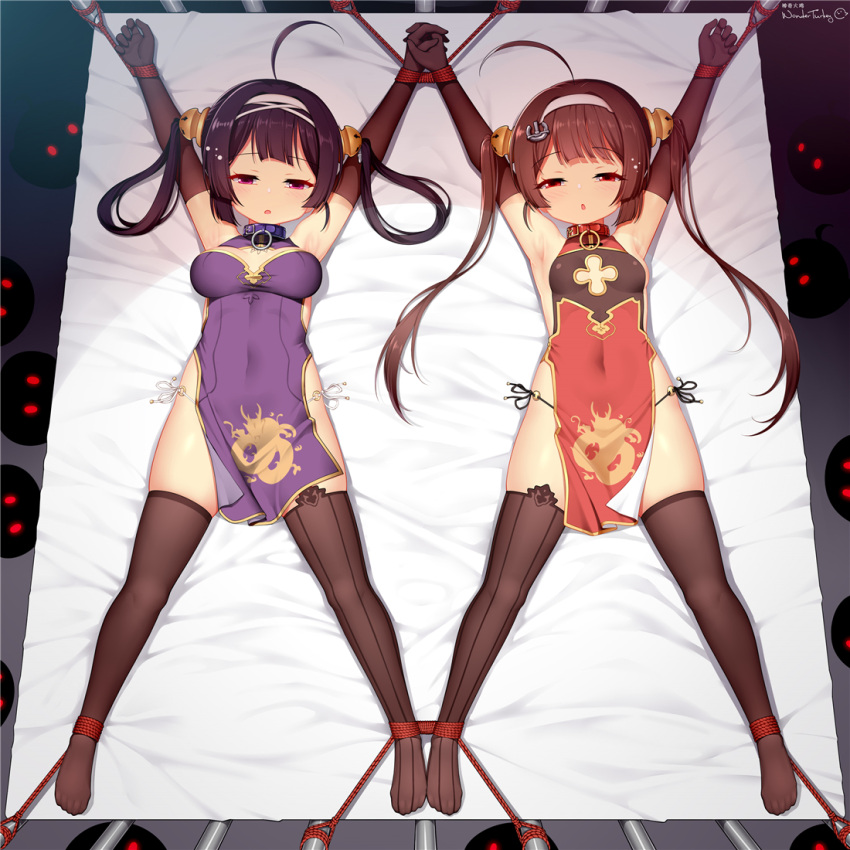 0_0 2girls ahoge armpits arms_up artist_name asymmetrical_legwear azur_lane bare_shoulders black_gloves black_hair black_panties black_thighhighs blush bondage bondage bound bound_ankles bound_together bound_wrists breasts breasts_apart brown_hair china_dress chinese_clothes chinese_commentary cleavage_cutout clothing_cutout collar commentary_request covered_navel dark dragon_print dress elbow_gloves from_above full_body gloves glowing glowing_eyes hair_ornament hair_rings hairband holding_hands huoji_(wonderturkey) interlocked_fingers light_blush long_hair lying manjuu_(azur_lane) medium_breasts mismatched_legwear mixed-language_commentary multiple_girls ning_hai_(azur_lane) o-ring o-ring_bottom o-ring_panties on_back on_bed open_mouth outstretched_arms panties pelvic_curtain ping_hai_(azur_lane) purple_dress red_dress red_eyes rope see-through separated_legs side-tie_panties side_slit sidelocks signature skindentation sleeveless sleeveless_dress small_breasts spread_eagle_position spread_legs string_panties symmetry thighhighs twintails underwear waking_up white_background white_hairband white_panties