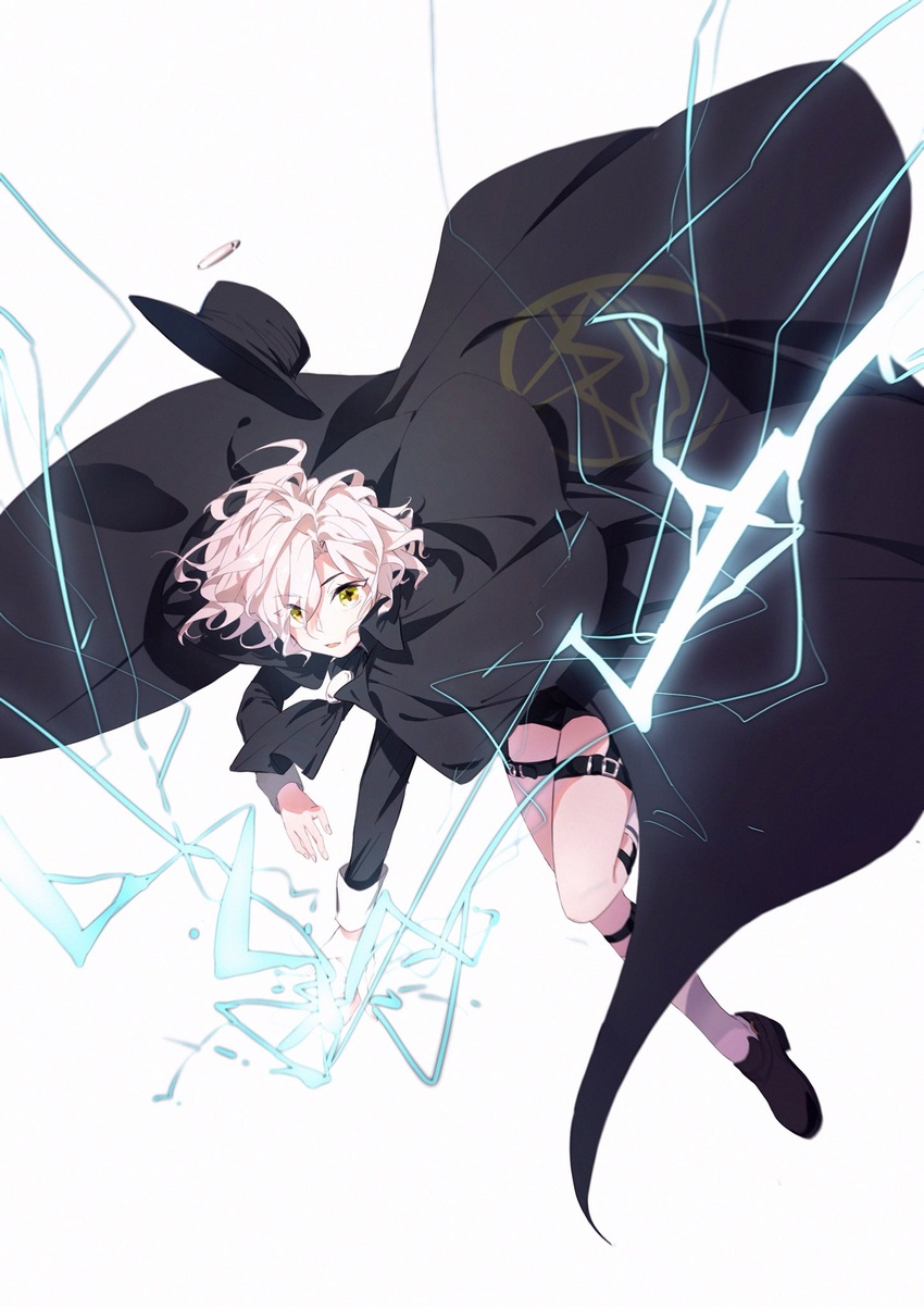 1boy aged_down alternate_costume black_footwear cape e_(h798602056) edmond_dantes_(fate) electricity fate/grand_order fate_(series) fedora formal hat highres lolicon long_sleeves male_focus short_hair shorts simple_background smile solo suit wavy_hair white_background white_hair yellow_eyes