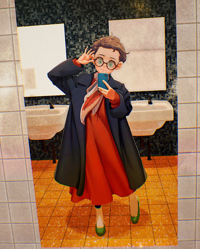 brown_hair cellphone chromatic_aberration dress female full_body glasses green_eyes green_footwear highres holding holding_phone indoors kunitarou-art long_sleeves mirror original phone red_dress reflection selfie short_hair sink smartphone solo taking_picture