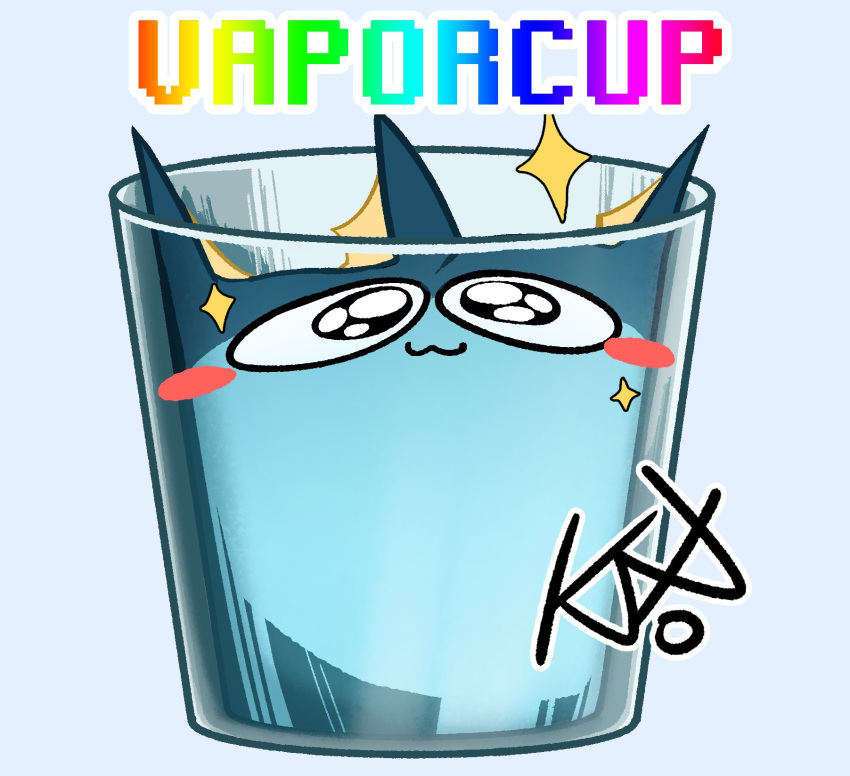 2023 ambiguous_gender blush blush_stickers cats_are_liquid container cup digital_media_(artwork) eeveelution english_text generation_1_pokemon glass glass_container glass_cup hi_res in_container in_cup knoxisnotdead liquid looking_at_viewer nintendo owo pokemon pokemon_(species) signature solo text vaporeon water