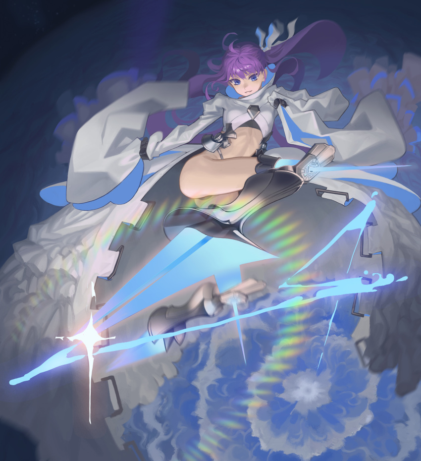 absurdres ass blade blue_eyes chinese_commentary commentary_request fate/extra fate/extra_ccc fate/grand_order fate_(series) female flying_kick frills highres kicking lens_flare long_coat long_hair meltryllis_(fate) meltryllis_(third_ascension)_(fate) photoshop_(medium) prosthesis prosthetic_leg purple_hair sleeves_past_fingers sleeves_past_wrists solo yurayura