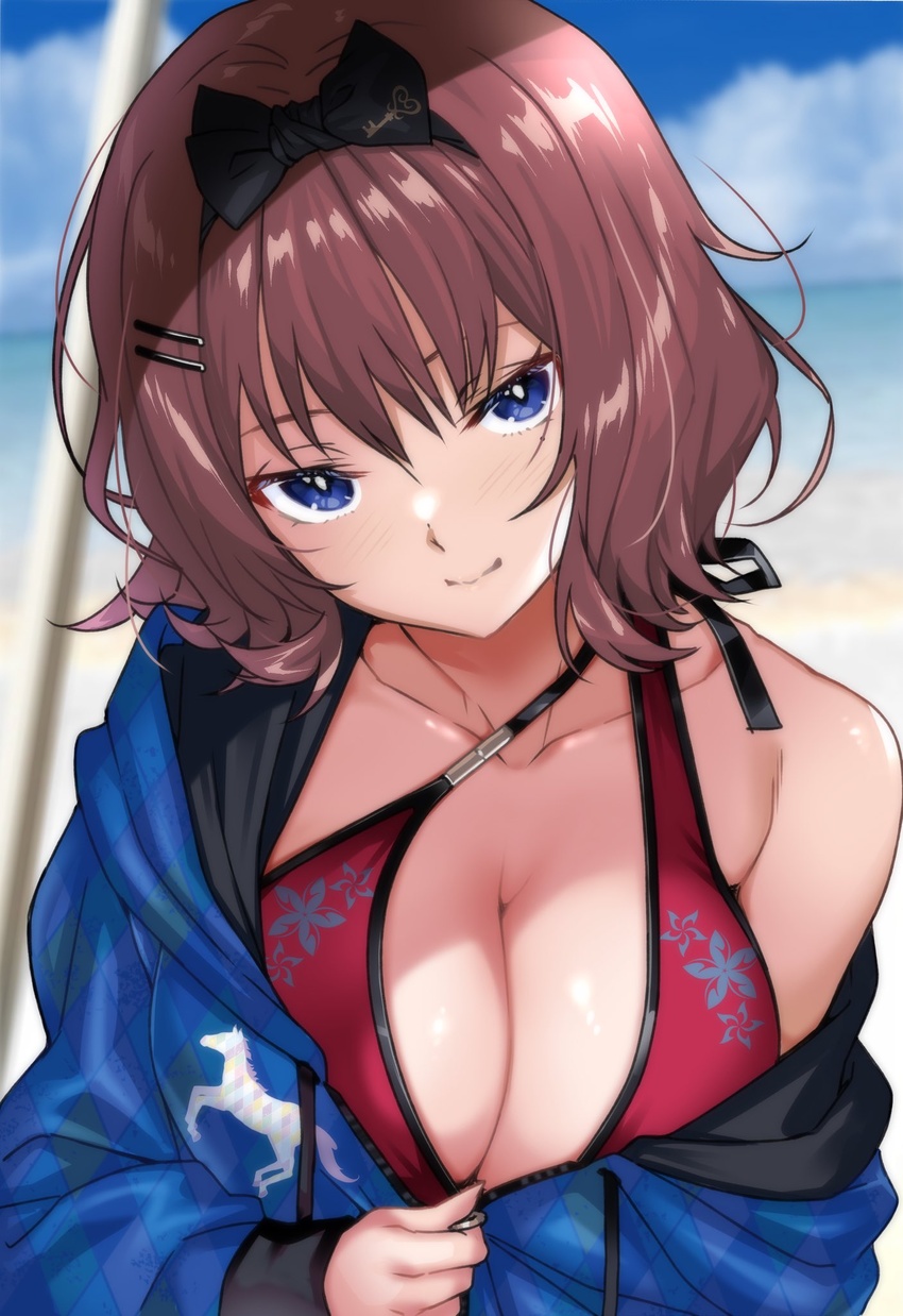 akama_suzu beach bikini bikini_under_clothes blue_hoodie blush breasts brown_hair cleavage collarbone female hair_ornament hairclip hario_4 highres hood hoodie hoodie_pull horse_print large_breasts mole mole_under_eye mondaiji_no_watashitachi_wo_kaeta_no_wa_onaji_class_no_monaka-senpai outdoors red_bikini single_bare_shoulder smile solo swimsuit water