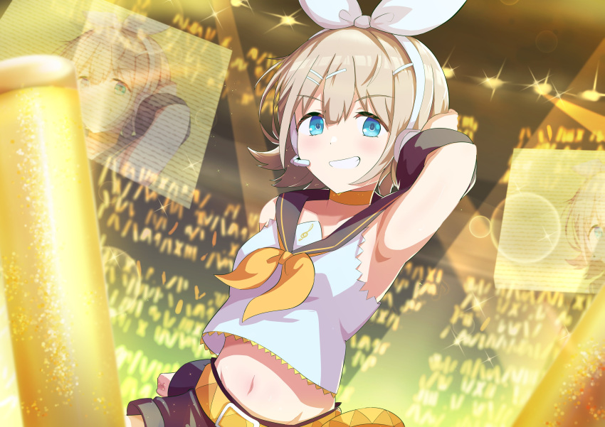 absurdres arm_up armpits belt blue_eyes breasts choker clenched_hand collarbone commentary cosplay crop_top detached_sleeves female glowstick grey_hair grin hair_ornament hair_ribbon hairclip hand_on_own_head headphones highres idolmaster idolmaster_shiny_colors kagamine_rin kagamine_rin_(cosplay) looking_at_viewer medium_breasts midriff navel neckerchief ribbon sailor_collar sanami_(sanami_t_38) serizawa_asahi short_hair shorts smile solo stage sweat vocaloid