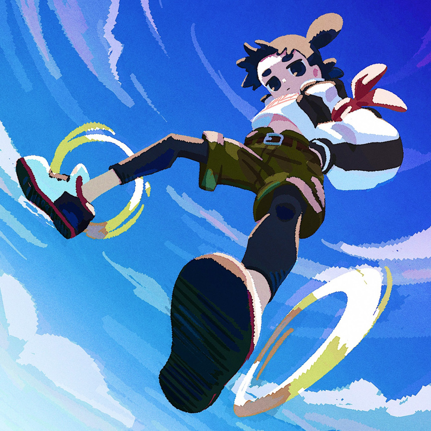 1boy belt black_eyes black_hair black_pantyhose blue_sky camouflage camouflage_shorts cloud cloudy_sky day double_bun from_below hair_bun hands_in_pockets highres kunitarou-art long_sleeves looking_at_viewer luo_xiaohei_zhanji male_focus nezha_(the_legend_of_luoxiaohei) outdoors pantyhose pantyhose_under_shorts puffy_long_sleeves puffy_sleeves shoes shorts sky solo upshirt