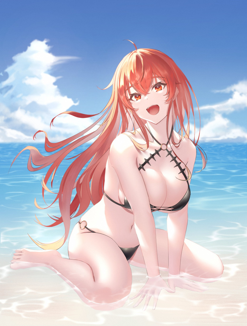 absurdres bare_arms bare_legs bare_shoulders barefoot beach bikini breasts day eris_greyrat feet female highres large_breasts long_hair looking_at_viewer mushoku_tensei navel ocean open_mouth outdoors rausu_(undeadmachine) red_eyes red_hair string_bikini swimsuit water