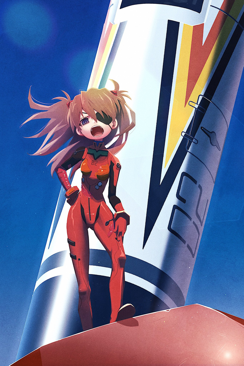 blue_eyes blue_sky bodysuit brown_hair day evangelion:_3.0_you_can_(not)_redo eyepatch female highres kunitarou-art legs_apart long_hair looking_at_viewer multicolored_bodysuit multicolored_clothes neon_genesis_evangelion open_mouth outdoors pilot_suit plugsuit rebuild_of_evangelion red_bodysuit science_fiction sky solo souryuu_asuka_langley standing wide_shot