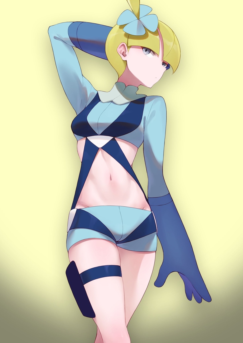 arm_behind_head blonde_hair blue_flower blue_gloves blue_jacket blue_shorts blunt_bangs commentary_request cosplay crop_top cropped_jacket elesa_(pokemon) female flower gloves grey_eyes hair_flower hair_ornament highres jacket midriff momihige navel one_side_up pokemon pokemon_bw pouch short_hair short_shorts shorts skyla_(pokemon) skyla_(pokemon)_(cosplay) solo thigh_pouch turtleneck