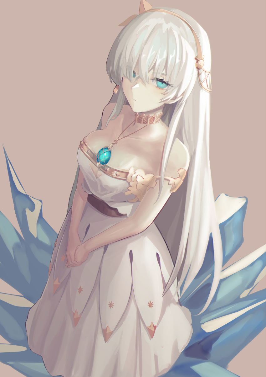 absurdres anastasia_(fate) bare_shoulders blue_eyes breasts cleavage collarbone dh_ead dress fate/grand_order fate_(series) female hair_over_one_eye hairband highres ice jewelry large_breasts long_hair looking_at_viewer neck_ring necklace pendant solo very_long_hair white_dress white_hair