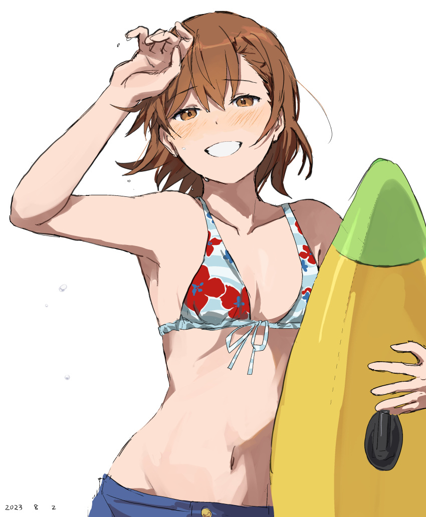 absurdres arm_up bikini blush breasts brown_eyes brown_hair dated female front-tie_bikini_top front-tie_top hair_between_eyes highres holding looking_at_viewer medium_hair misaka_mikoto navel official_alternate_costume parted_lips small_breasts smile solo stomach swimsuit takatisakana toaru_kagaku_no_railgun toaru_majutsu_no_index toaru_majutsu_no_index:_imaginary_fest upper_body white_background