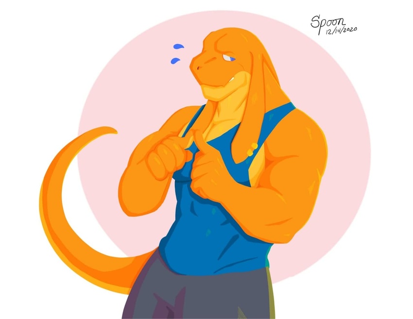 4_ears anthro bangaa biceps bodily_fluids bottomwear clothed clothing countershading digital_media_(artwork) fidgeting final_fantasy fully_clothed half-length_portrait index_to_index lineless locke_(spoongod) looking_away male multi_ear muscular muscular_male nervous orange_body pecs piercing portrait shaded shirt shorts signature simple_background simple_shading solo spoongod square_enix sweat sweatdrop tank_top topwear