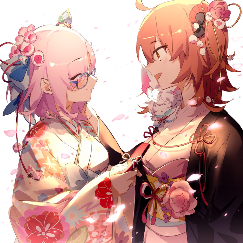 2girls :d ^_^ ahoge blue-framed_eyewear blue_hakama bow cherry_blossoms closed_eyes closed_mouth commentary creature e_(h798602056) fate/grand_order fate_(series) fou_(fate) fujimaru_ritsuka_(female) hair_ornament hair_over_one_eye hair_scrunchie hakama highres holding japanese_clothes kimono looking_at_another mash_kyrielight mash_kyrielight_(irohanihoheto) multicolored_bow multiple_girls official_alternate_costume on_shoulder one_side_up orange_eyes orange_hair petals print_kimono scrunchie side_ponytail simple_background smile upper_body waist_bow white_background