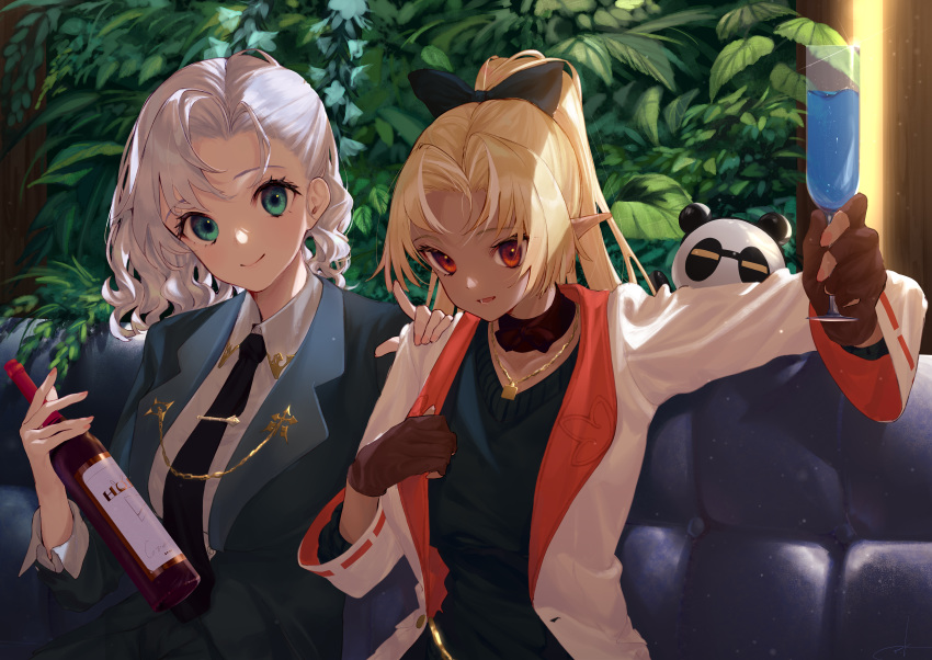 2girls drink hololive pointed_ears shiranui_flare shirogane_noel takubon