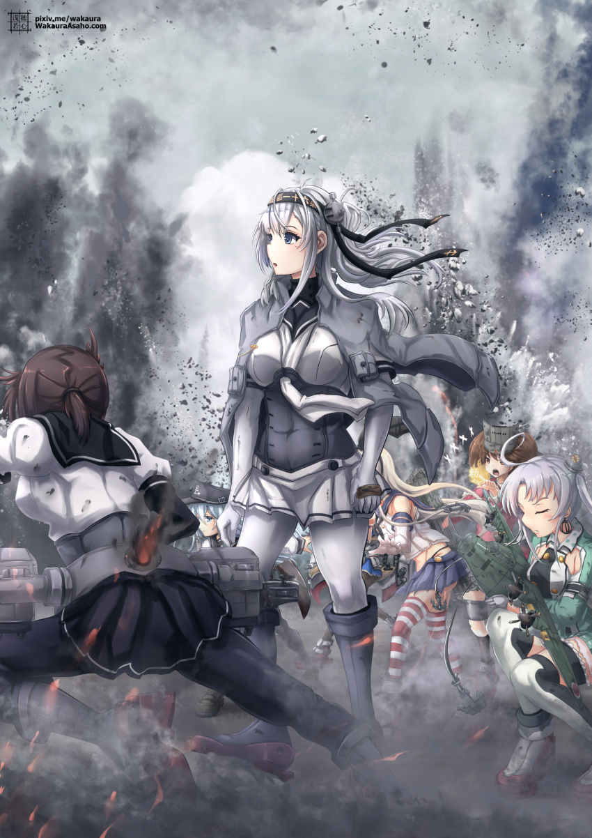 1917_(film) 5girls ahoge aircraft airplane akitsushima_(kancolle) black_hair blonde_hair brown_hair closed_eyes colorado_(kancolle) commentary explosion flying_boat grey_hair h8k hatsuzuki_(kancolle) hibiki_(kancolle) highres kantai_collection long_hair machinery multiple_girls purple_hair running ryuujou_(kancolle) sailor_collar school_uniform serafuku shimakaze_(kancolle) short_hair side_ponytail sidelocks striped_clothes striped_thighhighs suzutsuki_(kancolle) thighhighs twintails wakaura_asaho watermark web_address william_schofield