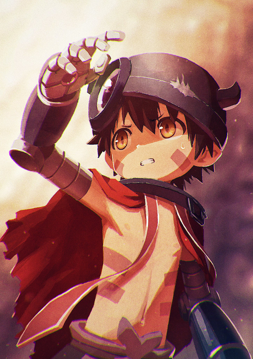 1boy arm_up armpits blurry blurry_background brown_hair cape fake_horns helmet highres horned_helmet horns kunitarou-art made_in_abyss male_focus mechanical_arms parted_lips pointy_ears red_cape regu_(made_in_abyss) solo sweatdrop topless_male upper_body yellow_eyes